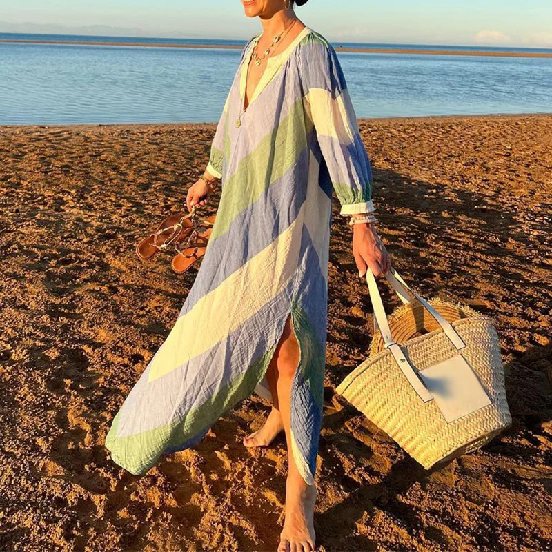 

Women Fashion Patterm Print Long Dress Summer Elegant V-neck Side Split Party Dress Casual Long Sleeve Loose Bohe Beach Dresses
