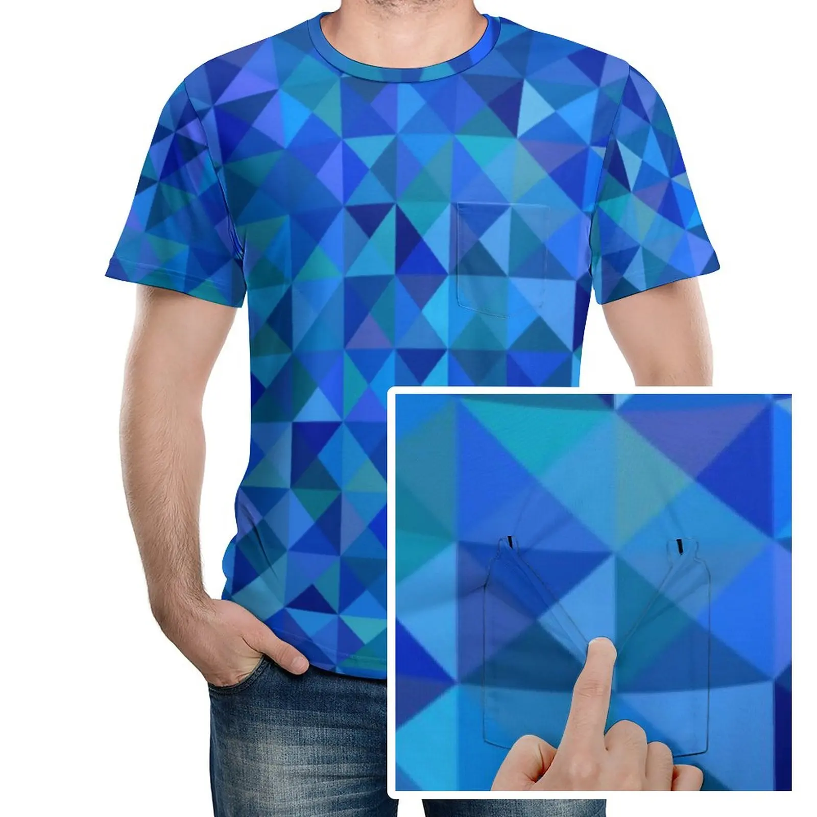 

Голубая футболка с геометрическим принтом, необычные футболки с абстрактным треугольным принтом, Оригинальная дизайнерская футболка с кар...