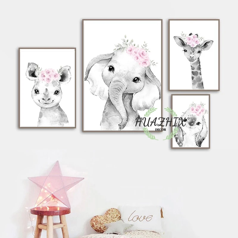 

Custom Baby Name Nursery Poster Personalized Canvas Painting Print Pink Flower Animals Wall Art for Girls Bedroom Pictures Decor