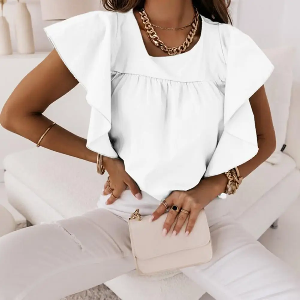 

Women Summer T-shirt Flying Sleeve Ruffle O Neck Lady Top Solid Color Pleated Female Blouse Elegant Commute OL Style Top