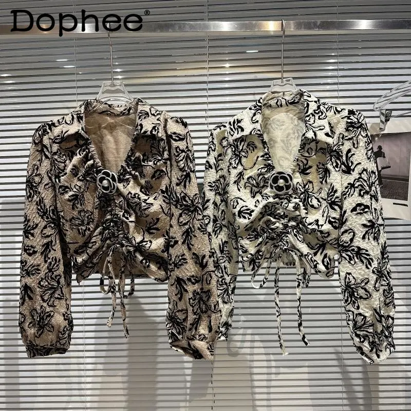 

2022 Winter New Arrival Long Sleeve Turn Down Collar Drawstring Floral Print Appliques Shirt Women
