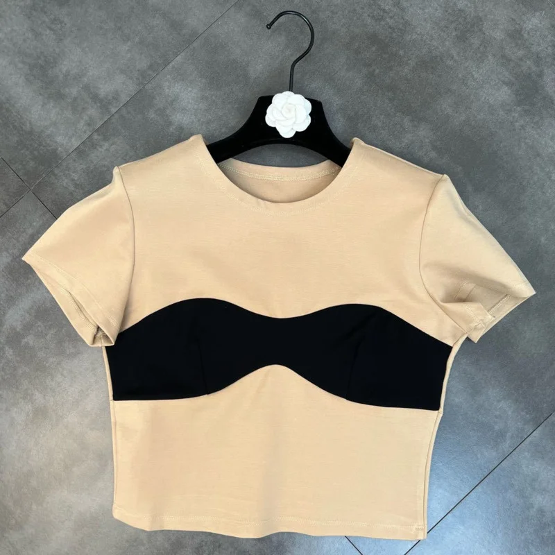 

Summer 2022 New Arrival Short Sleeve O Neck Khaki Black Patchwork Slim Stretch T Shirt Women GE720