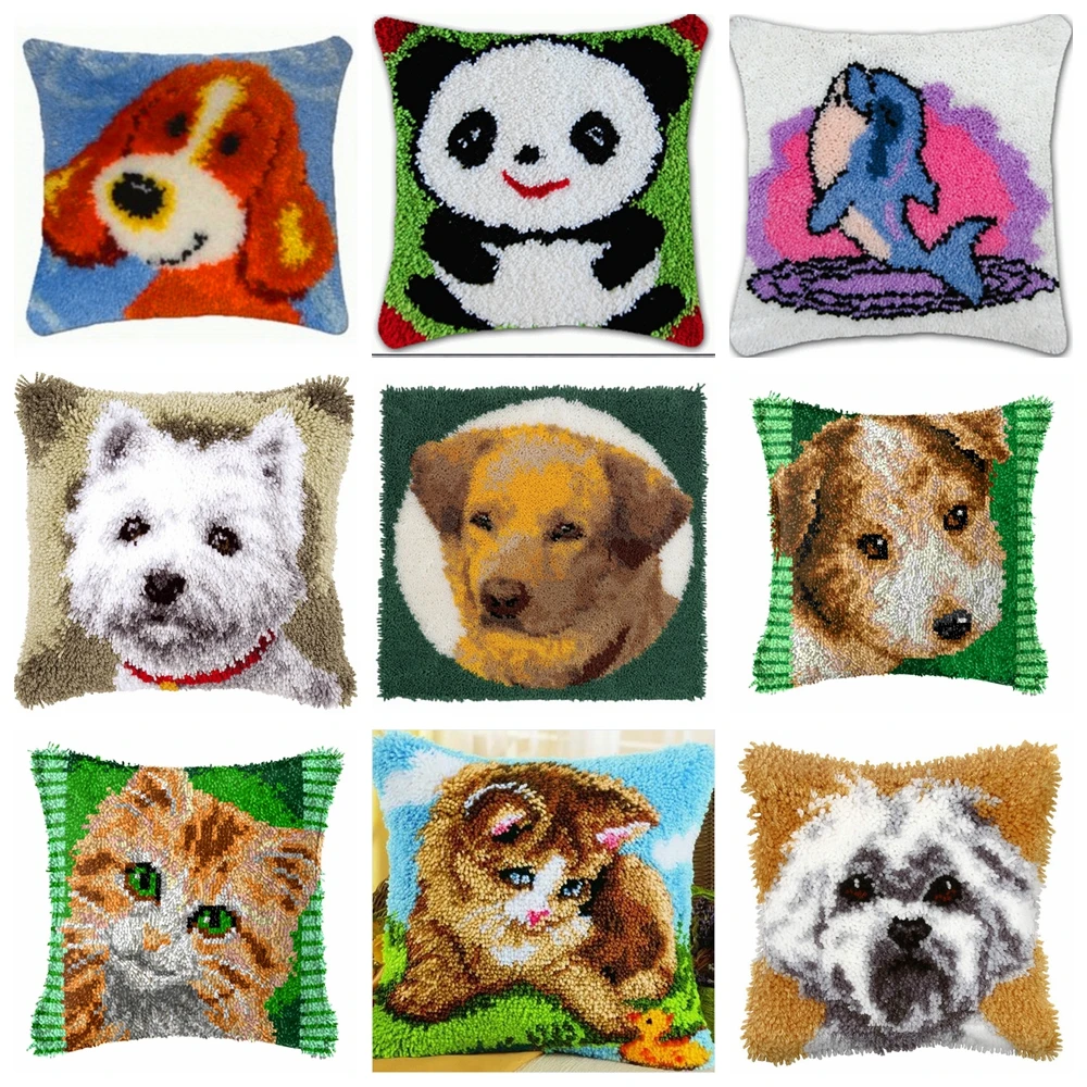 Cartoon Animal Latch Hook 3D Segment Embroidery Pillow Wool Cross Stitch Carpet Cute Dog Pillow Embroidery Materials Supplies