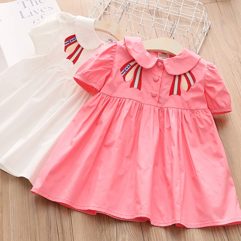 

2022 Summer New 2 3 4 6 8 10 Years Children's Clothing Peterpan Collar College Embroidery Short Sleeve Dress For Baby Kids Girl