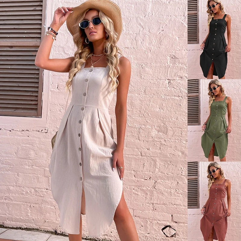 

Женский Повседневный Сарафан средней длины, однобортное однотонное платье на бретельках в Корейском стиле, 573B