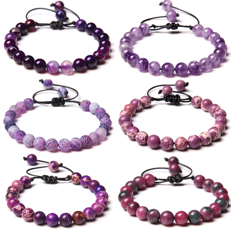 

Natural Amethysts Stone Braided Bracelet Purple Agates Beads Bracelets For Women Men Yoga Adjustable Rope Wristbands Jewelry