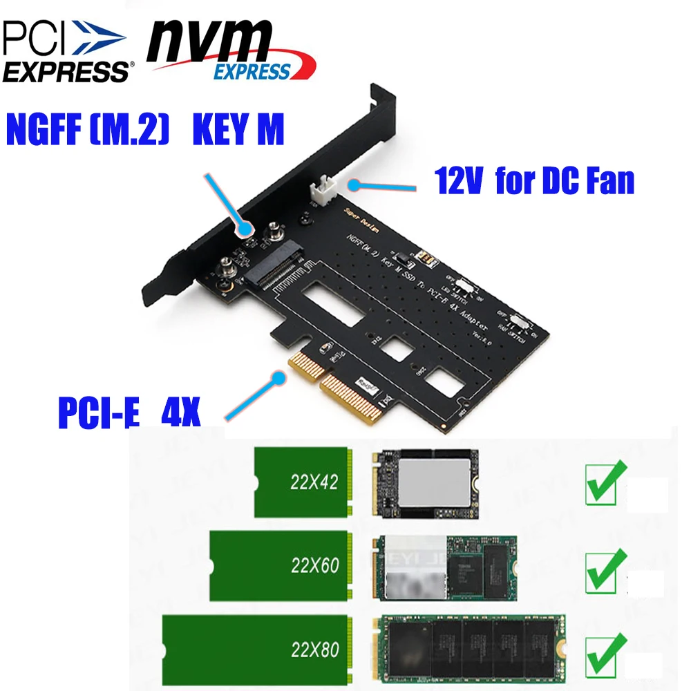 

NGFF(M.2) NVME PCI-E SSD to PCI-E 3.0x 4X Adapter with Cooling Fan and Low Profile Bracket for Desktop