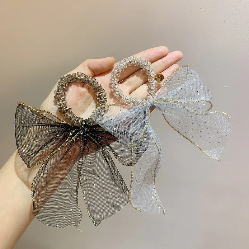 

Korean Edition Hair Accessories Super Immortal Clear Sky Star Sequin Mesh Bow Ribbon Crystal Woven Elastic Hair Loop Hair Rope
