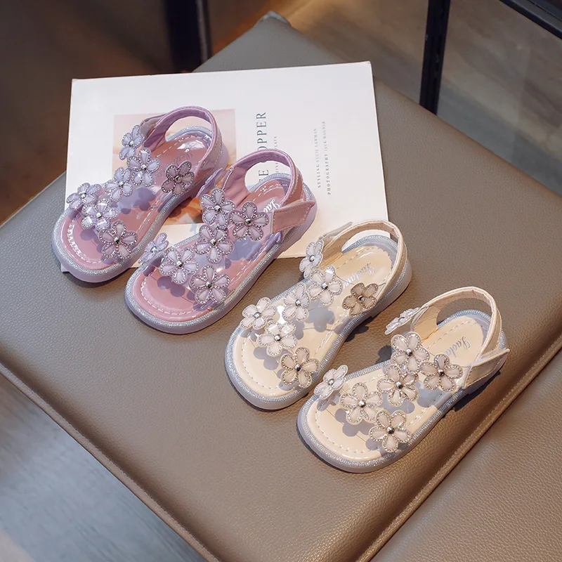 

Сандалии с открытым носком для девочек, модная простая пляжная обувь принцессы с цветами и стразами, сандалии с мягкой подошвой для детей, лето 2023