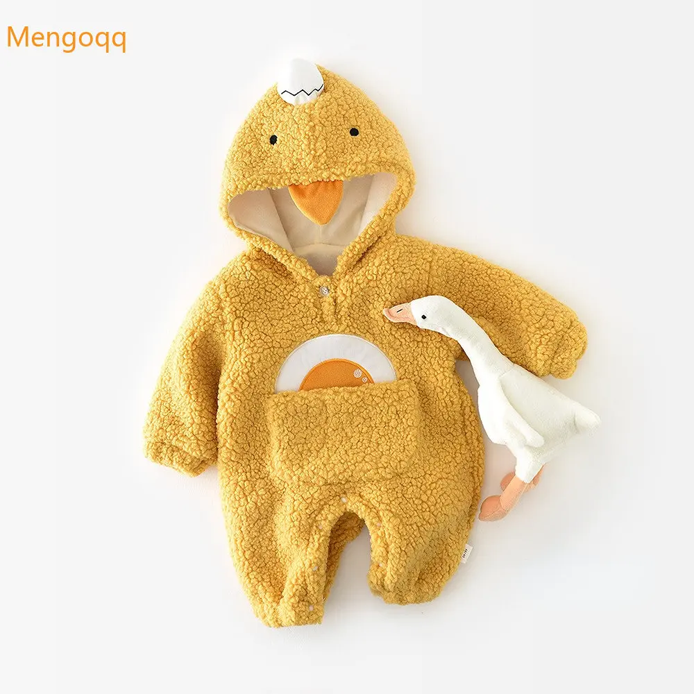 

Mengoqq Infant Girl Boys Autumn Winter Hooded Full-sleeved Pocket Plush Thickened Cartoon Children Warm Casual Romper 3-24M