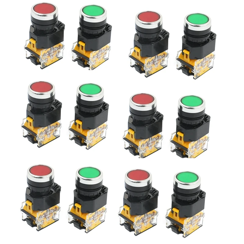 

12Pcs 22Mm Mount 10A 380V DPST Red Green Momentary Push Button Switch