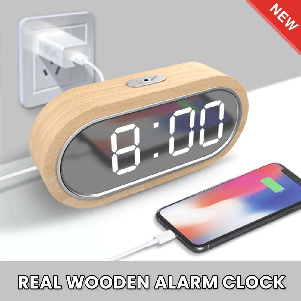 

FanJu Digital Clock Alarm Snooze Table Thermometer Electronic USB charger LED Wooden Watch Living room Desk Clocks AAA Powered