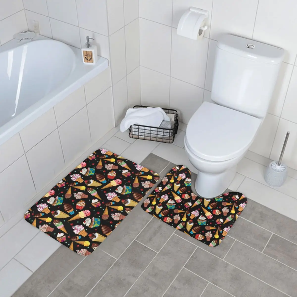 

Funny Ice Cream Bath Mat Whimsical Print Polyester Door 2pcs Bathroom Mat Set Soft Modern Bathroom Rug
