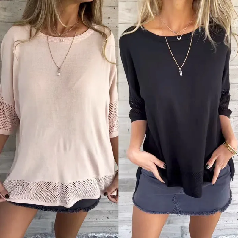 Фото 2026 Camisetas Mujer, новая женская футболка с круглым вырезом, вязаный топ с яркими однотонными карманами и короткими рукавами, летний пляжный отдых №3