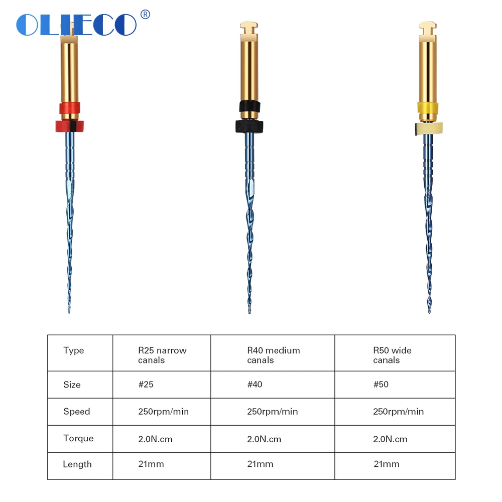 OLIECO 3 Pcs Dental Reciprocating Blue Endodontic Files 21mm Engine Use Niti Rotary Root Canal Heat Activated 25mm Dentistry Lab