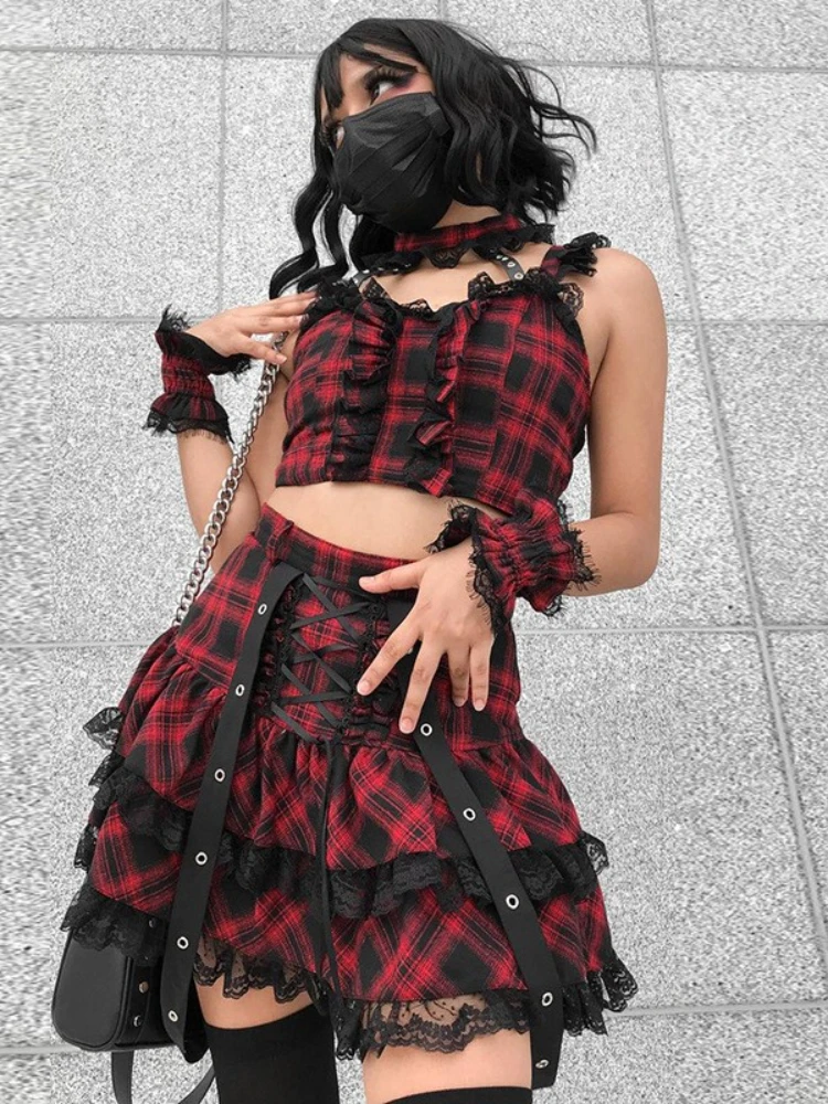 

Gothic Plaid Suspenders Lace sexy Lace-up Pleated Skirt Suit Spring And Summer Personality Short Skirt Suit Fashion Streetwear
