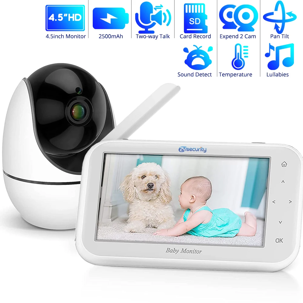 Wireless Video Baby Monitor 4.5" IPS Screen 720P HD Pan-Tilt-Zoom Audio Camera with VOX Mode Night Vision Lullabies Card Record