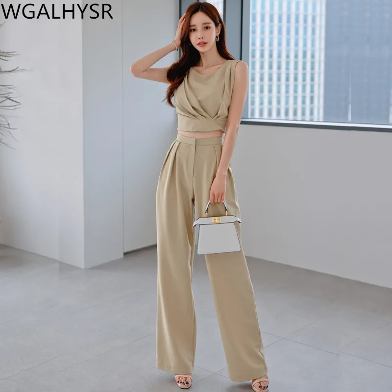 

New Two-Piece Summer 2022 Korean Version Pleated Slim Small Top + Wide-leg Long Pants Slim OL Casual Work Set