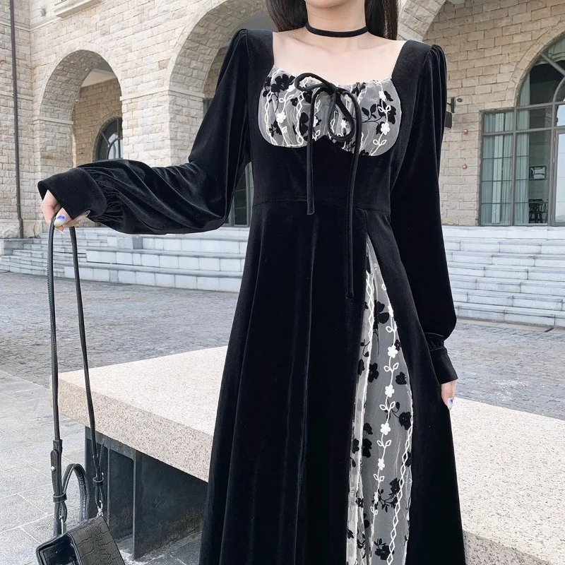 

Velvet One Piece Dress Korean Fashion Black Lace Midi Dress Evening Party Long Sleeve Vintage Elegant Dress Women 2021 Winter