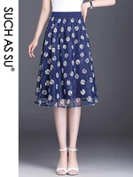 high quality womens spring summer autumn blue floral ladies high elastic waist m xl pleated female mid long mesh skirt 9968