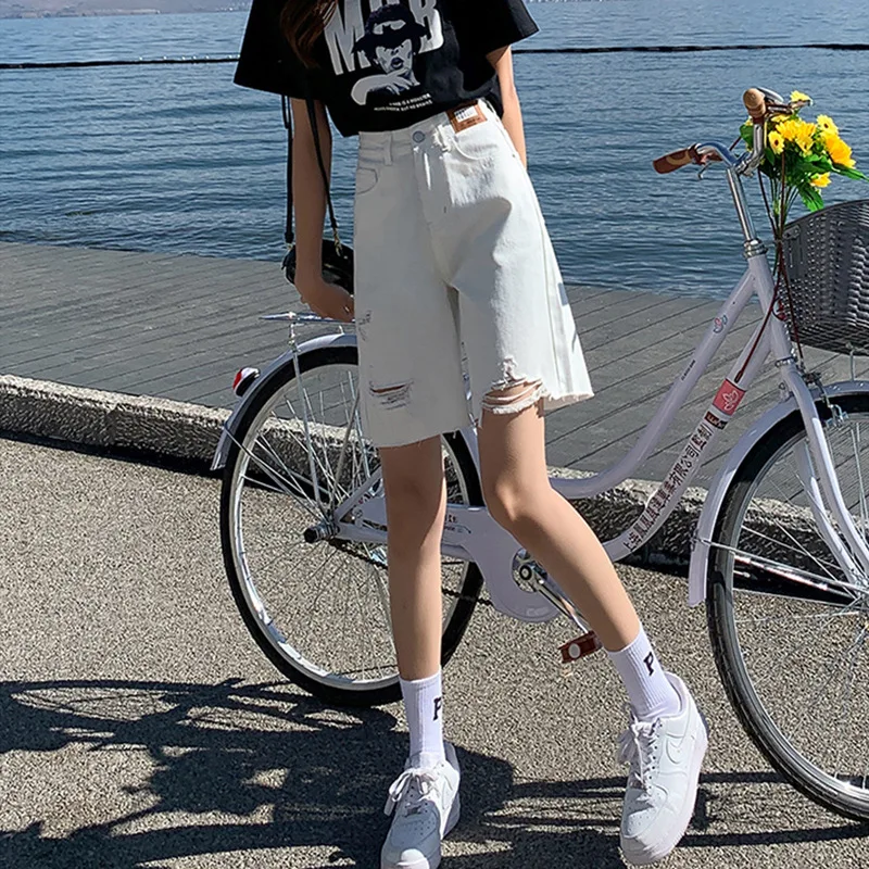 

5/4 Women's Denim Shorts High Waist Loose Straight Tube Perforated Pants Summer New Wide Leg A-line Pants Ragged Edge Middle Pan