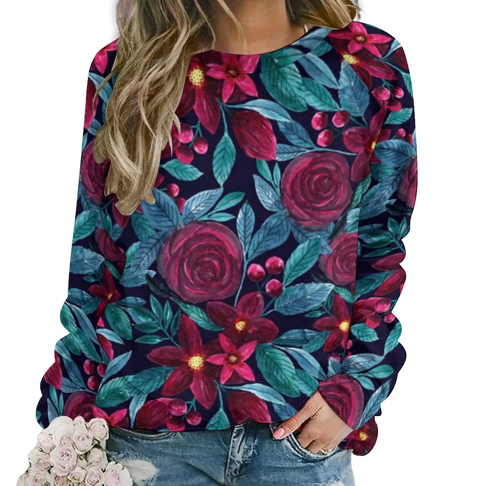 

Элегантные женские толстовки с розами, милые повседневные толстовки с длинным рукавом и рождественским цветочным принтом, весенние дизайнерские толстовки оверсайз в уличном стиле