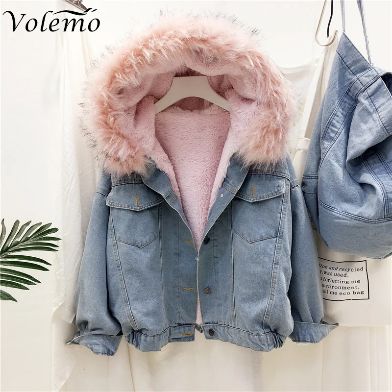 

Volemo 2022 Winter Loose Denim Jacket Women Fur Collar Oversized Plus Velvet Quilted Vintage Cotton Jacket Thick Warm Jean Coat