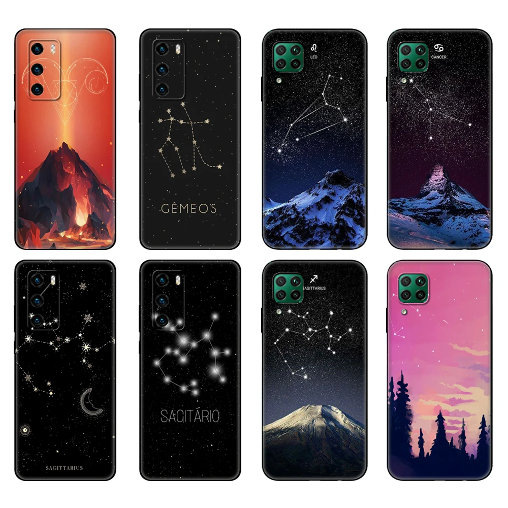 

Черный чехол из ТПУ для Huawei P30 Lite P30 Pro P40, чехол для Huawei P40 LITE E P Smart, чехол с 12 созвездиями, знаками Зодиака, сделай сам