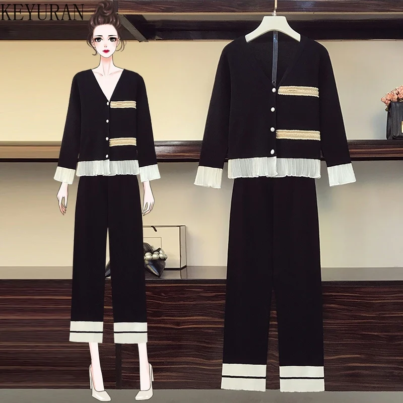 

Женский трикотажный костюм с оборками, элегантный костюм из двух предметов, свитер с длинным рукавом в стиле пэчворк и брюки до щиколотки, о...