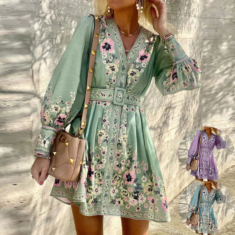 

Летнее платье-мини с цветочным принтом, женское платье-трапеция с длинным рукавом, V-образным вырезом и цветочным принтом, Осеннее Повседневное платье с поясом, праздничное платье