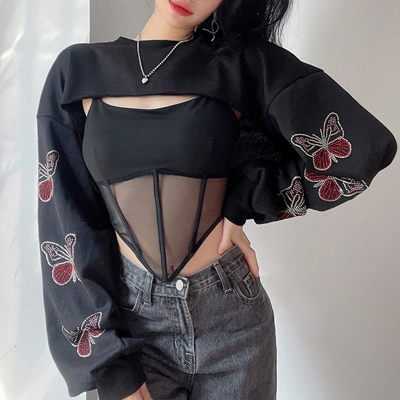 

Womens Short Hoodie Girls Leisure Style Butterfly Pattern Rhinestone Decoration Round Collar Long Sleeve Tops Pullover 2022