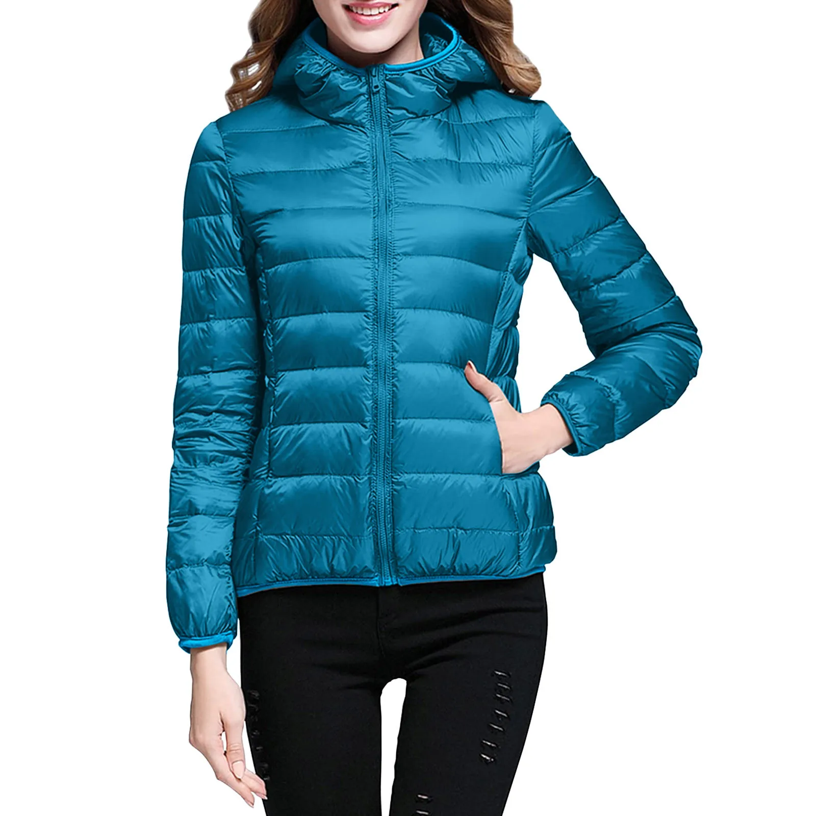

Women Lightweight Padded Down Hooded Coat Glossy Zipper Cardigan Jackets Ladies Solid Color Loose Pockets Winter Warm Jackets