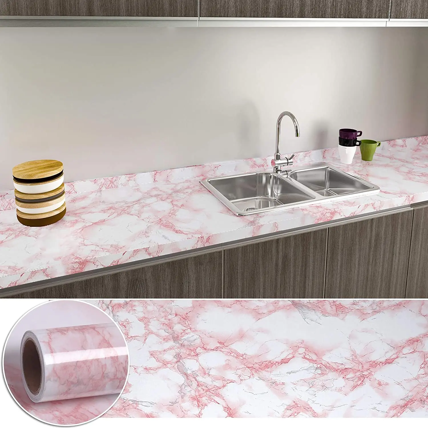 

6M Pink Pattern Waterproof Marble Decor Wallpaper for Bathroom Wall Vinyl Self Adhesive Removable Thick Wall Sticker for Kitchen