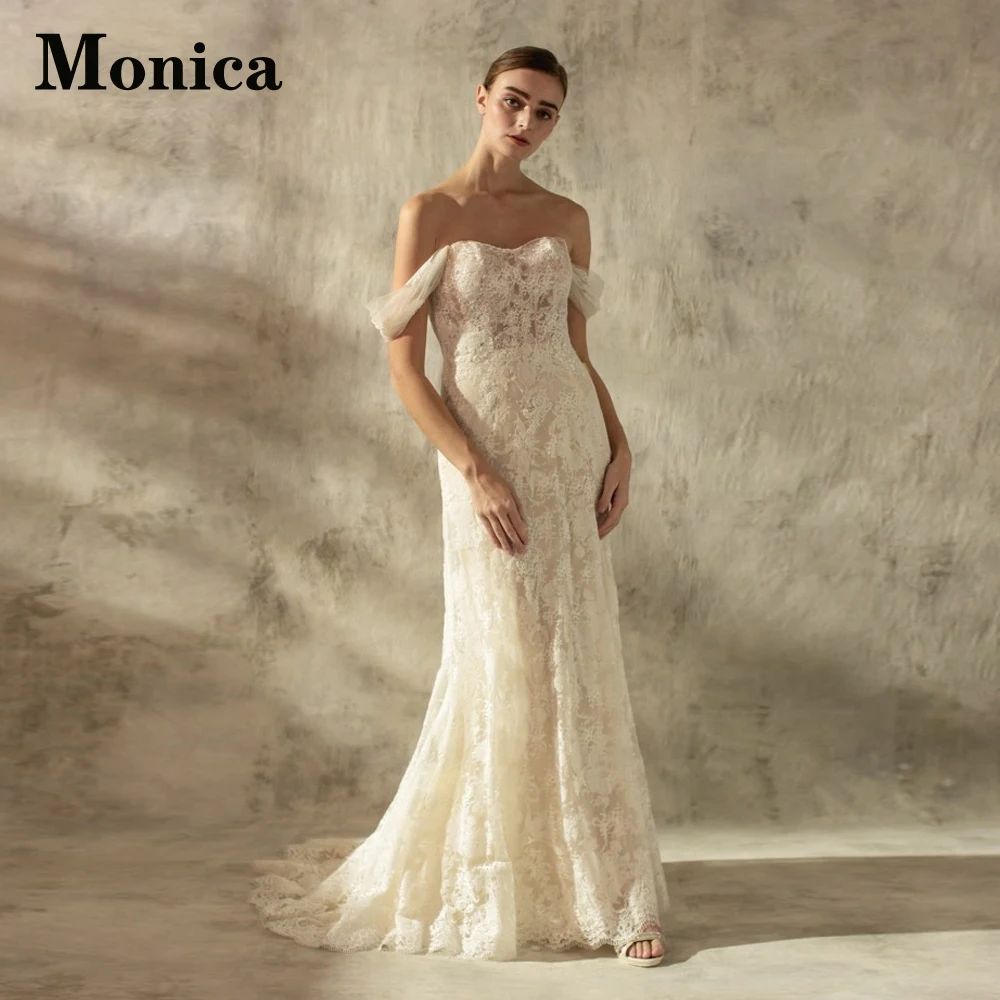 

MONICA Off The Shoulder Wedding Dresses For Bride Strapless Appliques Court Train Backless Tulle A-LINE Vestidos De Novia