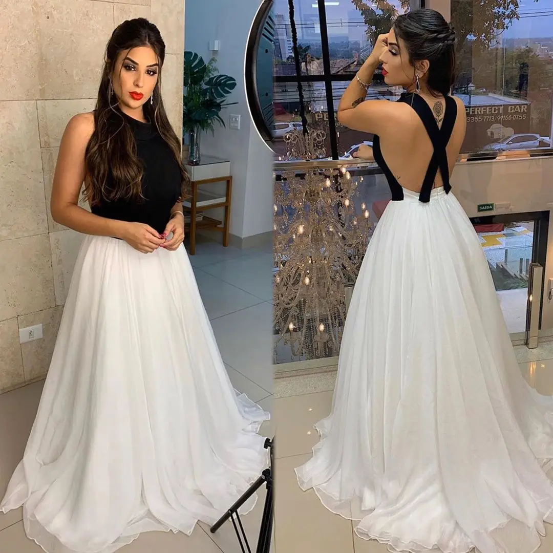 

A-line Black White Prom Dresses vestidos Chiffon Sleeveless robe de soiree Cross Straps Back Evening Formal Gowns