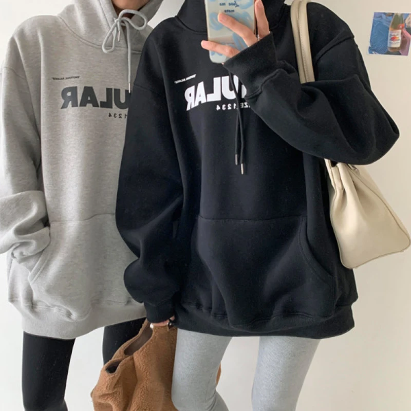 

Fleece Hoodies Thickened Letter Print Long Sleeve Sweatshirt Women Spring Autumn New Korean Version Loose Casual Pullover Top