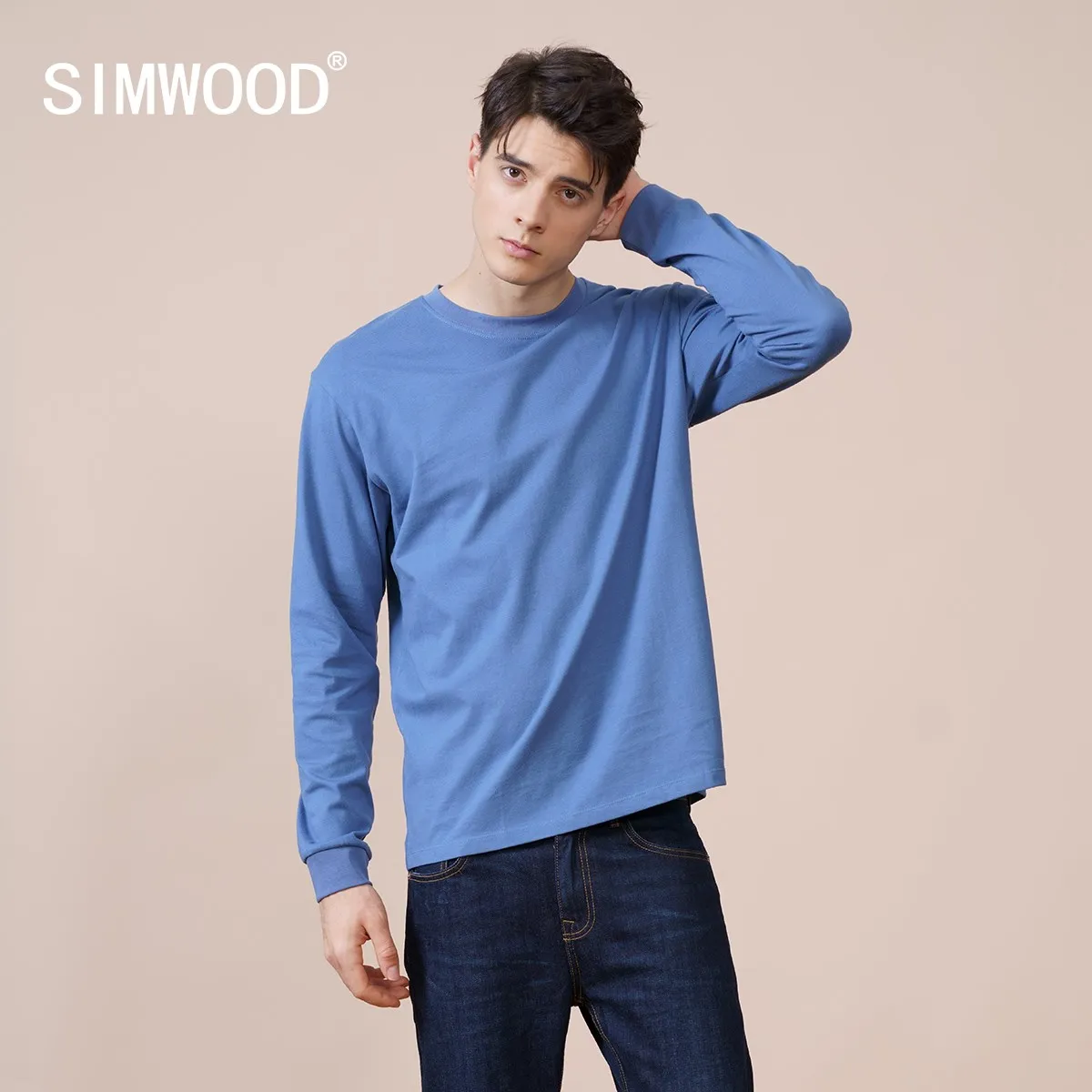SIMWOOD 2023 Spring New Long Sleeve T Shirt Men Solid Color 100% Cotton O-neck Tops Plus Size High Quality T-shirt  SJ120967