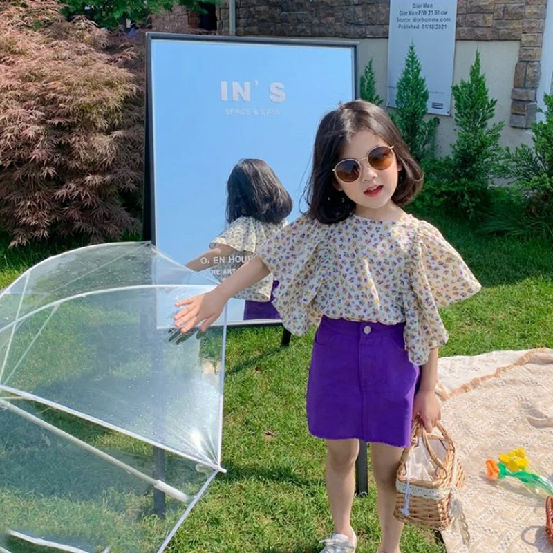 

2022 Summer Kids Clothes Girls Short Sleeve Chiffon Floral Top+ Purple Skirl Two-pieces Suit Fashion Children Sets 3-8 Years