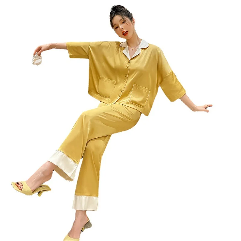 2022 women's pajamas ice silk long-sleeved suit solid color home wear women clothing sets summer plus size
