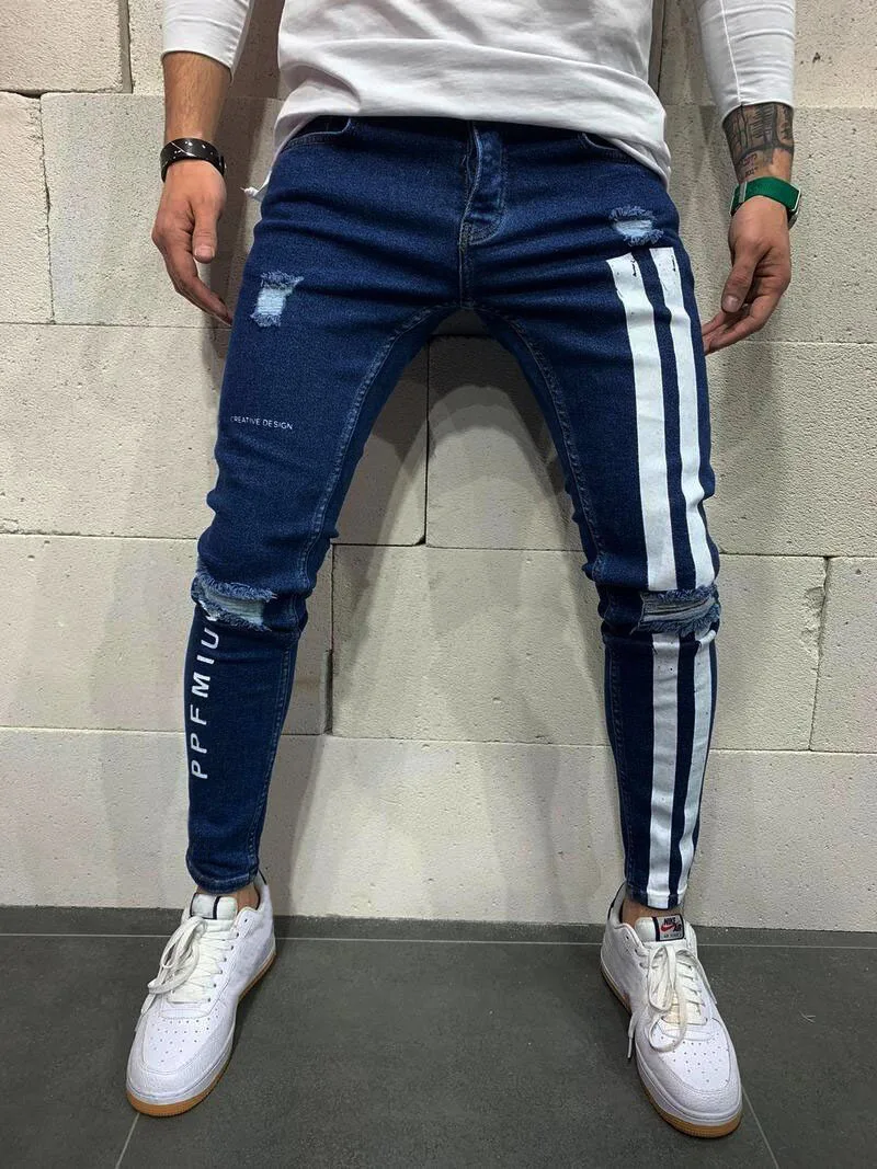 Men's Hip-Hop Hole Ripped Pants Fashion Jeans Men Side Stripe Jeans Big Size  Skinny Stretch Slim Fit Pants