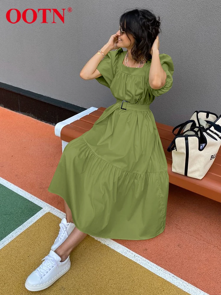 

Женское платье-трапеция OOTN, повседневное зеленое платье с квадратным вырезом и съемными поясом, летнее плиссированное платье миди с рукава...