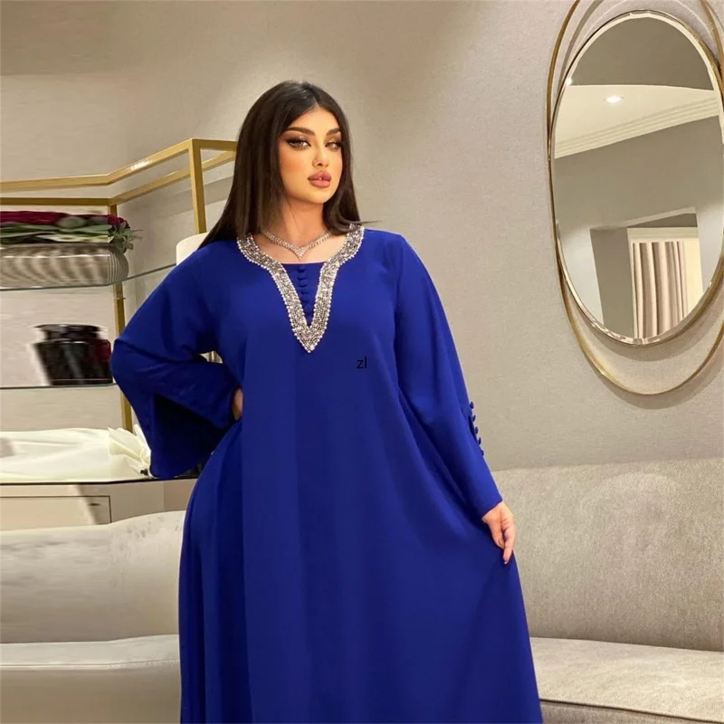 Elegant Dresses For Women Fashion Diamonds Button Decoration Long Sleeve Party Prom Dress Ramadan Muslim Women Clothing