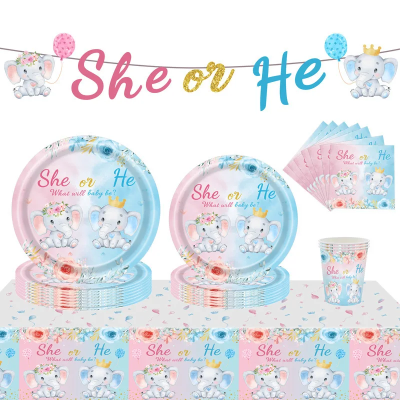 

Baby Birthday Gender Reveal Baby Elephant Theme Set Dinner Plate Banner Party Decoration Supplies Paper Cups Paper Napkins