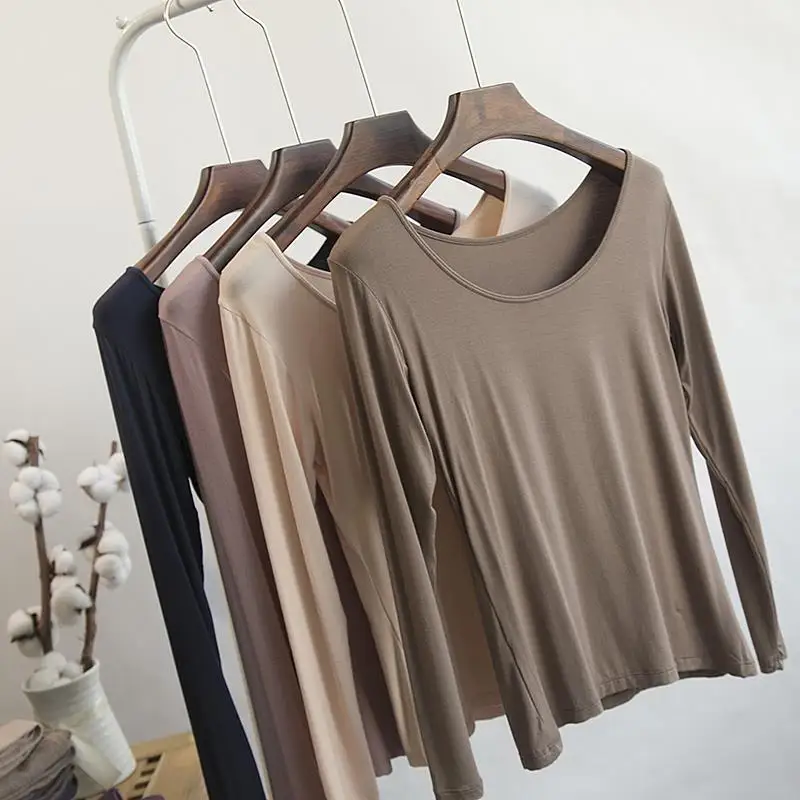 

Spring Autumn Women Female Modal Cotton Solid Concise O-neck Elasticity Elegant Office Lady Casual Tops Bottoming Shirt E366