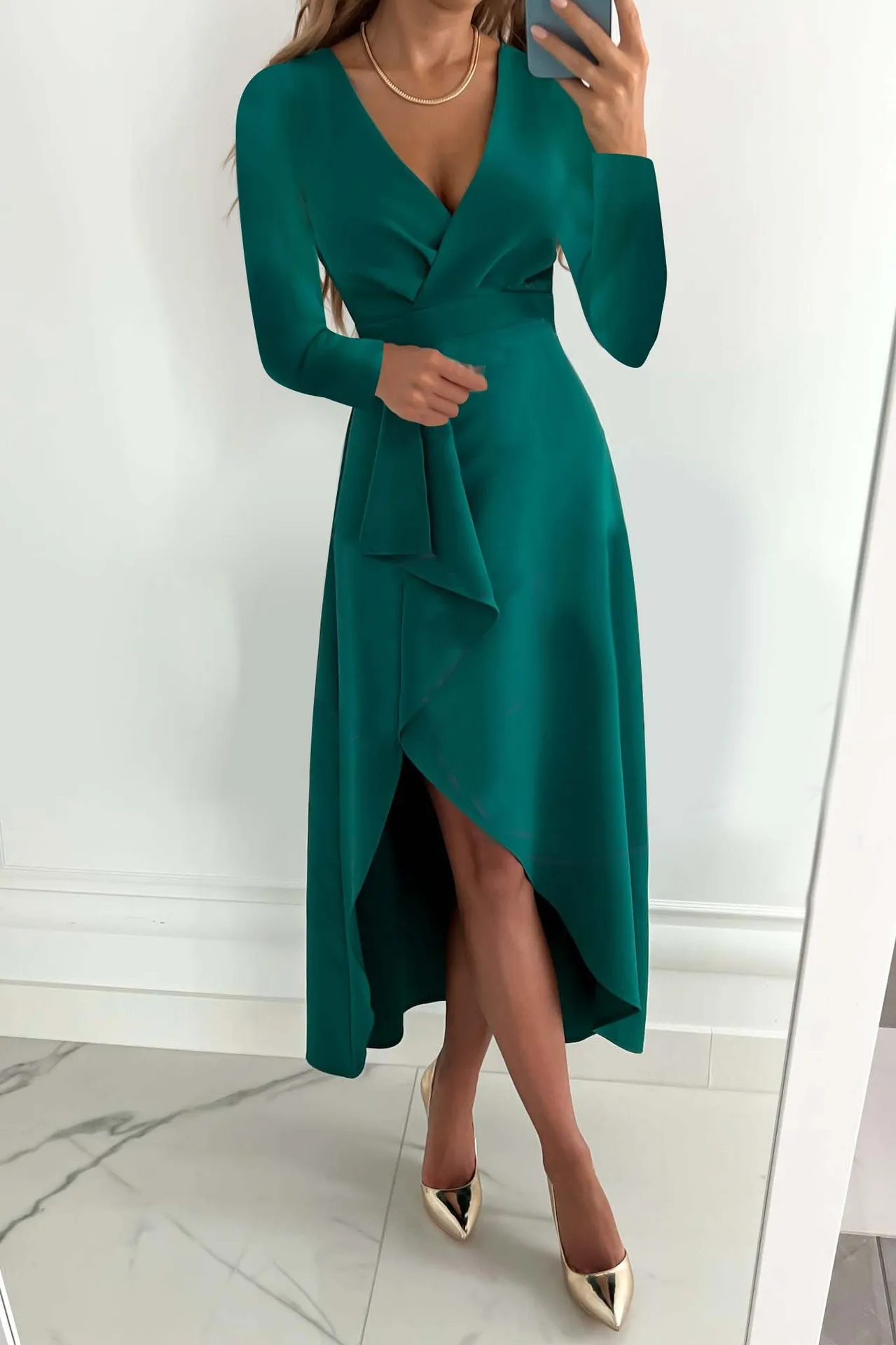 

2022 Women new Fashion Sexy V-neck Long-sleeved Ruffled Slit Irregular Dress Women Autumn Elegant Party Dress