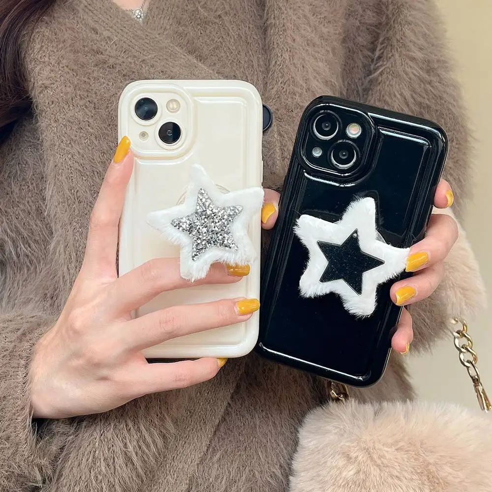 Luxury Piano Paint With Plush Star Holder Case For iPhone 14 13 12 11 Pro Max 7 8 Plus XS X XR SE 2 3 Soft Silicone Bumper Cover