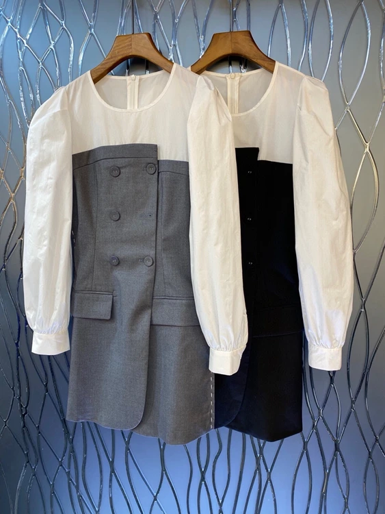 

Женское двубортное платье на молнии сзади, платье с длинным рукавом и круглым вырезом, украшенное цветными вставками, 2022, 1227