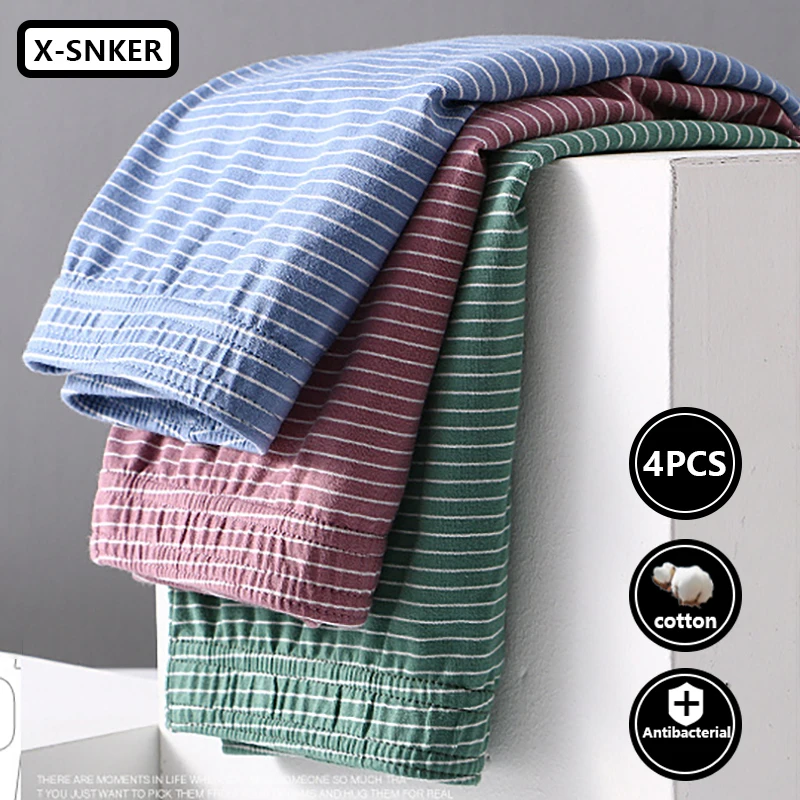 Stripe Mens Underwear Boxer Shorts Casual Cotton Sleeping Underpants Breathable Homewear Arrow Pants Male Panties Cueca 4pcs