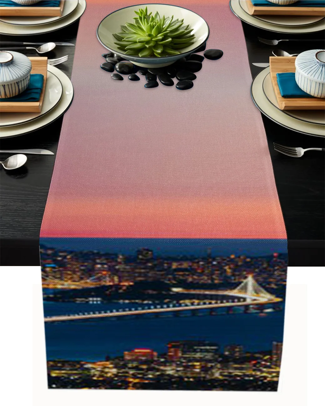 

Night City Port Bridge Table Runner Dining Tea Table Shoe Cabinet Cover Table Flag Wedding Party Decoration