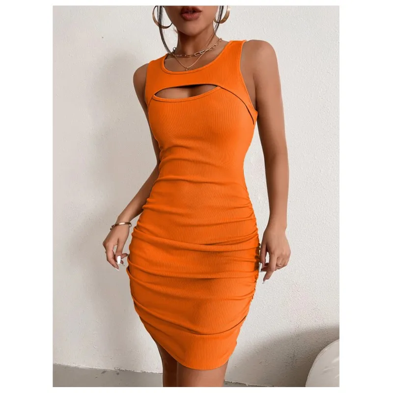 

Женское облегающее ажурное платье без рукавов, однотонное Плиссированное облегающее платье с запахом на бедрах и круглым вырезом